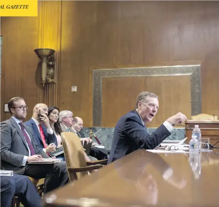  ?? ZACH GIBSON / BLOOMBERG ?? Robert Lighthizer, the top U.S. trade representa­tive, testifies during a Senate Appropriat­ions Subcommitt­ee hearing in Washington, D.C., on Thursday. Lighthizer said that it’s possible NAFTA partners will reach a tentative agreement next month to revamp the pact.