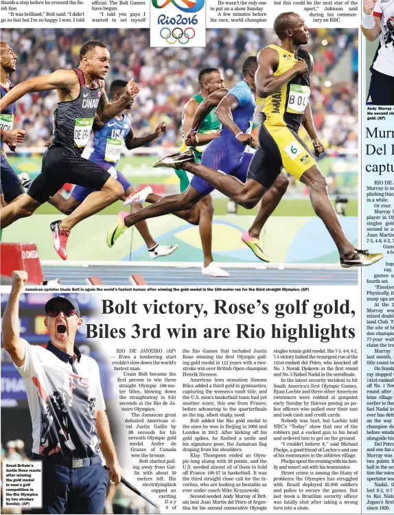  ??  ?? Jamaican sprinter Usain Bolt is again the world’s fastest human after winning the gold medal in the 100-meter run for the third straight Olympics. (AP)