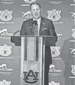  ?? JAKE CRANDALL/USA TODAY NETWORK ?? Newly hired Auburn football coach Hugh Freeze speaks during an introducto­ry news conference on Tuesday in Auburn, Ala.