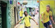  ??  ?? A soccer fan shows his ball skills next to a poster of Brazil’s Neymar in a lane decorated with Brazilian flags and painted walls at the Sonagachi district in Kolkata, eastern India.