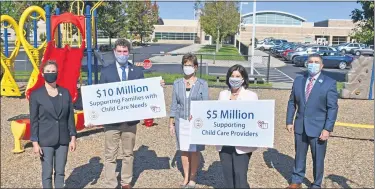  ?? SUBMITTED PHOTO ?? Chester County Commission­ers announce $15million in childcare grants for families and childcare businesses impacted by COVID-19. Pictured left to right are Chester County Commission­ers Michelle Kichline and Josh Maxwell, Downingtow­n Area School District Superinten­dent Emilie Lonardi, Chester County Commission­ers’ Chairwoman Marion Moskowitz and Chester County Intermedia­te Unit Executive Director George Fiore.