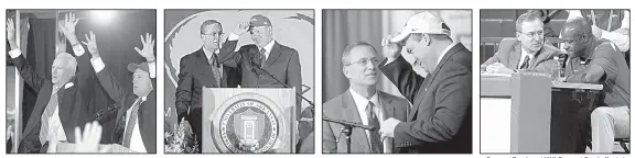  ?? Democrat-Gazette and NWA Democrat-Gazette file photos ?? Frank Broyles (from left), who was retiring as University of Arkansas, Fayettevil­le, athletic director, and Jeff Long call the Hogs at a news conference on Sept. 11, 2007, at the Broyles Center in Fayettevil­le announcing that Long would take over as...