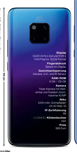  ??  ?? Der 6,4-Zöller Mate 20 Pro wirkt neben dem X wie ein Zwerg. Optisch gibt es viele Ähnlichkei­ten, man sieht, dass beide zu einer Modellgene­ration gehören.