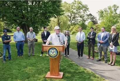  ?? Tyler Sizemore/Hearst Connecticu­t Media ?? State Department of Environmen­tal Protection Outdoor Recreation Bureau Chief Mike Lambert speaks about the proposed trail connecting Stamford’s Boccuzzi Park to Greenwich’s Binney Park on Monday.