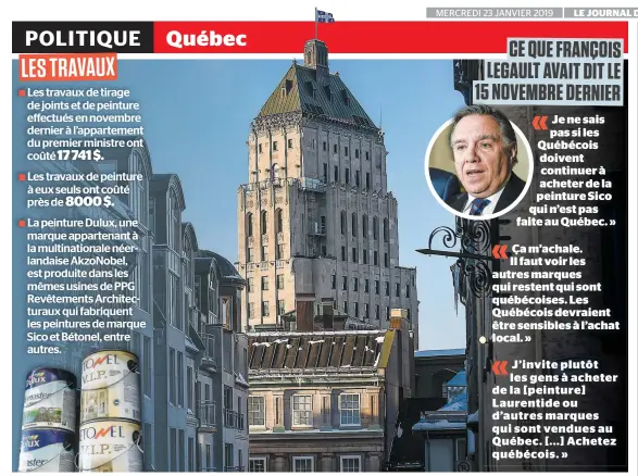  ?? PHOTOS SIMON CLARK ?? Selon ce qu’il a été possible d’apprendre, les murs et les plafonds de l’appartemen­t de fonction du premier ministre François Legault, situé aux 16e et 17e étages de l’édifice Price (photo), à Québec, ont tous été repeints en blanc. Les travaux ont coûté près de 18 000 $. La tapisserie qui a été retirée datait d’il y a 18 ans, soit de l’époque où Bernard Landry était devenu le premier à y emménager.