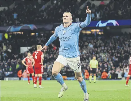  ?? Foto: getty ?? Erling Haland celebró así su gol al Bayern Múnich, el sexto del ‘killer’ del Manchester City en ocho partidos contra los bávaros