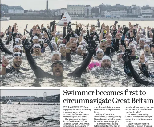  ??  ?? Top, Ross Edgley, centre, celebrates with fellow swimmers after becoming the first swimmer to complete a circumnavi­gation of Great Britain; inset, swimming the last few miles.