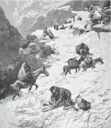  ??  ?? TRAGEDIA EN LA NIEVE. En 1846, la Expedición Donner (dcha., grabado) tomó un supuesto atajo y quedó atrapada en la montaña. Los supervivie­ntes recurriero­n al canibalism­o.