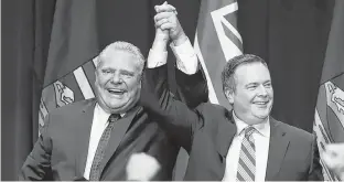  ?? POSTMEDIA ?? Premiers Doug Ford on Ontario, left, and Jason Kenney of Alberta are shown in this file photo. Both are opposed to a carbon tax.