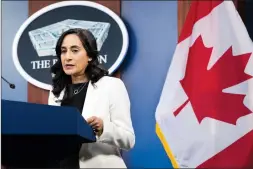  ?? AP PHOTO MANUEL BALCE CENETA ?? Minister of National Defense Anita Anand speaks during a news conference with Secretary of Defense Lloyd Austin following their meeting at the Pentagon on April 28 in Washington.