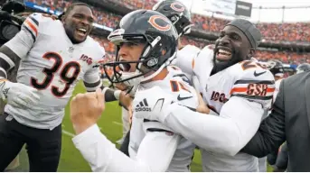  ?? DAVID ZALUBOWSKI/AP ?? Eddy Pineiro celebrates his 53-yard, game-winning field goal against the Broncos on Sept. 15.