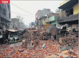  ?? AMAL KS & ABHISHEK DEY/HT ?? During the violence, several Hindu and Muslim pockets in riot-affected localities were separated by temporary blockades made of broken furniture, wooden planks, tin sheets, debris of destroyed houses and shops; (Right) Several have now been replaced by permanent iron gates.