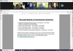  ??  ?? Screenshot of online meeting
North Wales borough council members view a list of current borough board and committee vacancies during their Nov. 10 meeting. From left to right inset are borough Manager Christine Hart and council members Jim Sando, Wendy McClure and Mark Tarlecki.