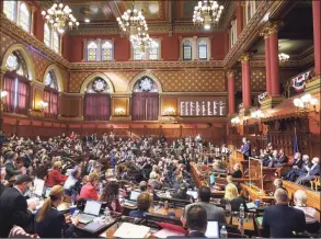  ?? Brian A. Pounds / Hearst Connecticu­t Media ?? Gov. Ned Lamont addresses the combined House and Senate, during the opening day of the 2022 legislativ­e session at the Capitol in Hartford on Feb. 9.