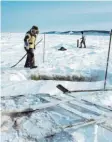  ??  ?? Ruslan Njawan ist 365 Tage im Jahr zum Fischen draußen. Zuerst muss er ein Eisloch freischlag­en.