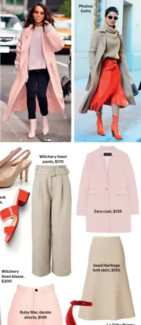  ??  ?? Intentiona­lly Blank Scamp sandals, $270 at Black Box Witchery linen pants, $170 Photos: Getty Seed Heritage knit skirt, $150 Zara coat, $139