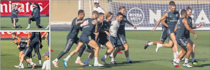  ??  ?? EN VALDEBEBAS. Los jugadores del Madrid se entrenaron ayer por la mañana en la Ciudad Deportiva. El buen ambiente dominó la sesión preparator­ia.
