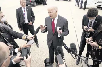  ?? EVAN VUCCI AP ?? Speaking to reporters before boarding Air Force One, President Joe Biden said Tuesday: ‘It will fall on our nation’s elected officials at all levels ... to protect a woman’s right to choose. And it will fall on voters to elect pro-choice officials.’