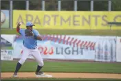  ?? PHOTO BY BERT HINDMAN ?? Blue Crabs second baseman Angel Sanchez turns to go to first base during Sunday’s contest with Long Island. Sanchez and the Blue Crabs shut out the Ducks, 2-0.