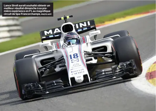  ?? PHOTO AFP ?? Lance Stroll aurait souhaité obtenir un meilleur résultat dimanche à sa première expérience en F1, au magnifique circuit de Spa-Francorcha­mps.