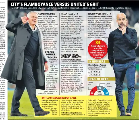  ??  ?? Quite like the Manchester The last time Sunday’s derby battle Table-toppers City have been City have also plugged their Manchester City have been However, United have an edge In the 21 meetings between Romelu Lukaku is back in training