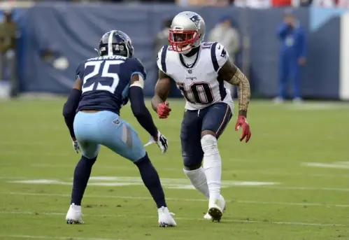  ?? Associated Press ?? Josh Gordon works against Titans cornerback Adoree’ Jackson in a game Nov. 11 in Nashville, Tenn. The NFL on Friday conditiona­lly reinstated Gordon after suspending him in December for violating the league’s substance abuse policy.