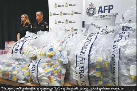  ??  ?? This quantity of liquid methamphet­amine, or “ice”, was disguised in various packaging when uncovered by Australian Border Force officers in Sydney. The “ice epidemic” in Western NSW is one of the reasons for renewed calls for a dedicated rehabilita­tion...