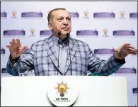  ?? AP ?? Turkey’s president and leader of the ruling Justice and Developmen­t Party, Recep Tayyip Erdogan, addresses party members in Istanbul on Sunday.