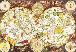  ?? Picture:VINTAGE PRINTABLE ?? SIGNS OF THE TIMES: Old sky map depicting boreal and austral hemisphere­s with zodiac signs.