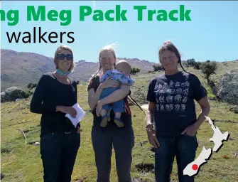  ??  ?? Above: New Zealand Walking Access Commission regional field advisor Ange van der Laan (left) with Mitten McLean (with baby Jasper) and Anne Nielsen on Lowburn Valley Station.