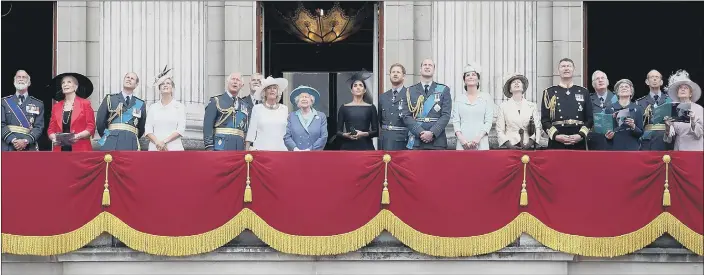  ?? PICTURE: GETTY IMAGES. ?? FAMILY VIEWING: The Queen watches the RAF flypast over Buckingham Palace with members of the Royal family including the Prince of Wales and Duchess of Cornwall, the Duke and Duchess of Sussex and the Duke and Duchess of Cambridge.