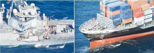  ?? (Reuters) ?? COLLISION AT SEA – The hull of the US Navy destroyer USS Fitzgerald is badly damaged after the ship collided with the Philippine-flagged container ship ACX Crystal in the seas off Japan’s Pacific Coast Friday.