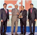  ??  ?? Gold Award Winner – Expolanka Freight (Pvt) Ltd. From left: Clifford Rodrigo – Cargo Sales Manager – Srilankan, Siva Ramachandr­an –Chief Commercial Officer – Srilankan Hanif Yusoof – Chairman Expolanka Freight (Pvt) Ltd, Chamara Ranasinghe – Head of...