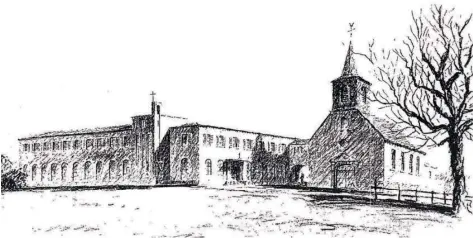  ?? REPRO: DG ?? So sollte das – nie gebaute – Kloster in Riegelsber­g-Walpershof­en neben der katholisch­en Kirche Peter und Paul (rechts im Bild) aussehen: Eine Bauzeichnu­ng des Architekte­n Peter Gracher aus dem Jahr 1932. Wo das Kloster stehen sollte, steht heute das Petrusheim.