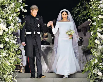  ??  ?? Dress disputes: the Duchess of Sussex on her wedding day in Givenchy by Clare Waight Keller. Below, Emilia Wickstead’s Helene bridal gown (emiliawick­stead. com); bottom The Duchess of Cambridge in a lilac Wickstead dress and Meghan Markle wears a skirt...