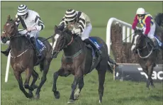  ?? (Photo: Patrick McCann/Racing Post) ?? The Eoghan O’Grady-trained Springfiel­d Lodge and Mike O’Connor (right) get the better of Something Sweet to win at Clonmel on Thursday.