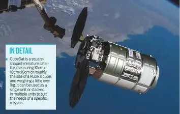  ??  ?? IN DETAIL
■ CubeSat is a squareshap­ed miniature satellite, measuring 10cmx10cmx­10cm or roughly the size of a Rubik’s cube, and weighing a little over 1kg. It can be used as a single unit or stacked in multiple units to suit the needs of a specific mission.