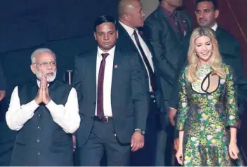  ?? — AFP ?? Prime Minister Narendra Modi and Ivanka Trump arrive at the Global Entreprene­urship Summmit at the Hyderabad convention centre on Tuesday.