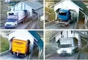  ?? FILE PHOTO BY MICHAEL GRANT VIA AP ?? A variety of oversized box trucks crash through the historic Miller’s Run covered bridge in Lyndon, Vt.