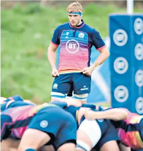  ??  ?? Driving standards: Lock Jonny Gray during training at Scotland’s Oriam base, and (below) captain Stuart Hogg