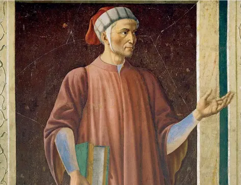  ??  ?? Dante (1450 circa, particolar­e), dal «Ciclo degli uomini e donne illustri» di Andrea Del Castagno (1421-1457). L’opera è alla Galleria degli Uffizi di Firenze