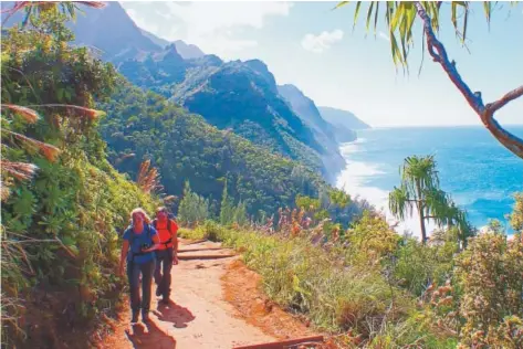  ?? Photos by Daniel Beekman, The Seattle Times ?? Above, the Kalalau Trail has steep sections and stretches with thick, red mud. But the work pays off with incredible views of Kauai’s Napali Coast. Below, fresh fruit makes Hanalei’s Saturday Farmers Market a visit worth savoring. Besides pineapples...