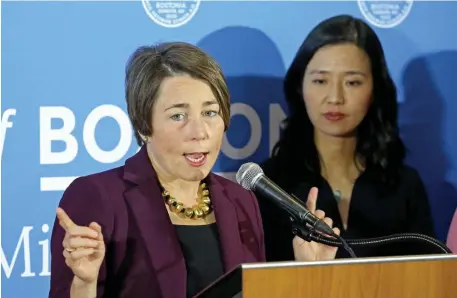  ?? STuART CAHiLL / HeRALd sTAFF ?? RECOVERY MONEY: Attorney General Maura Healey and Mayor Michelle Wu held a press conference on the multibilli­on dollar settlement­s with opioid distributo­rs at Boston City Hall on Tuesday.