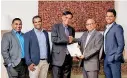  ??  ?? Prof. Mohan Munasinghe (3rd from right) and Hilmy Cader (2nd from right) after signing the agreement – along with Sanith de Silva Wijeyaratn­e (CEO), Fazal Fauz (Director) Subramania­m Eassuwaren