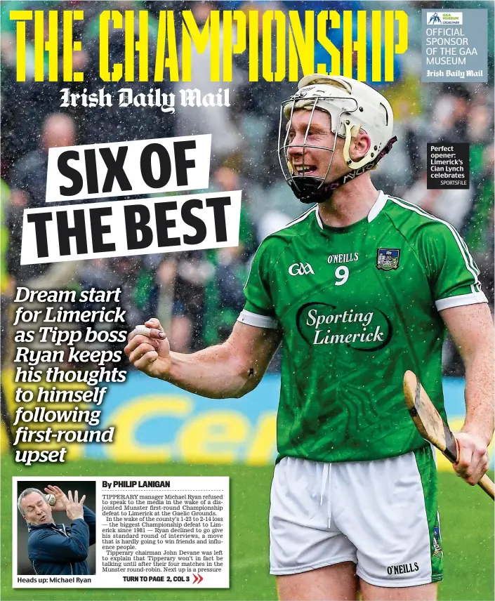  ?? SPORTSFILE ?? Heads up: Michael Ryan Perfect opener: Limerick’s Cian Lynch celebrates