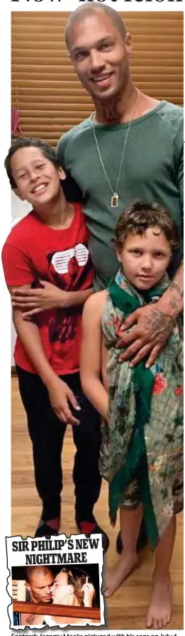  ??  ?? Contrast: Jeremy Meeks pictured with his sons on July 4 and (inset) Monday’s Mail showing him with Chloe Green