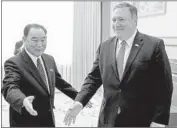  ?? Andrew Harnik Pool Photo ?? NORTH KOREA’S Kim Yong Chol, left, and Secretary of State Michael Pompeo in Pyongyang in July.