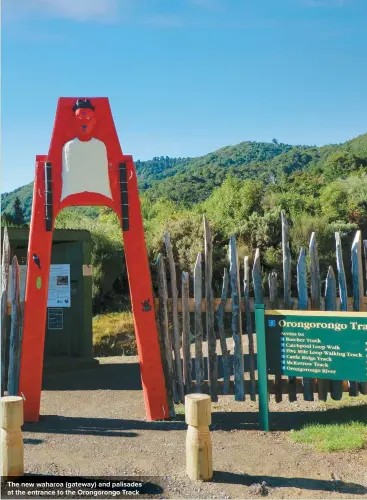  ??  ?? The new waharoa (gateway) and palisades at the entrance to the Orongorong­o Track