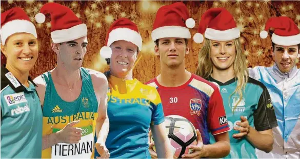  ??  ?? FESTIVE FUN: Delissa Kimmince, Patrick Tiernan, Gemma Etheridge, Pierce Clark, Holly Ferling and Beau Appo will all spend Christmas Day differentl­y this year.