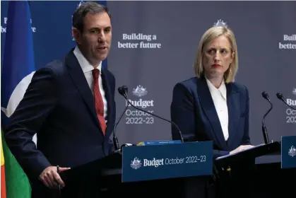  ?? Photograph: Mike Bowers/The Guardian ?? Treasurer Jim Chalmers and finance minister Katy Gallagher at a budget day press conference at Parliament House, Canberra.